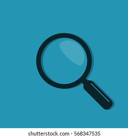 Magnifier icon in flat style, vector. Magnifying glass symbol isolated on blue background.