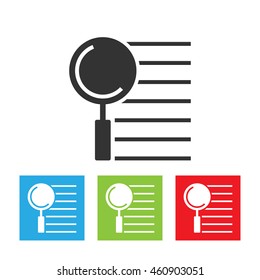 Magnifier icon. Flat vector illustration of magnifier with notes. Logo of magnifier.