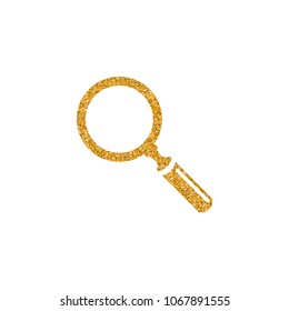 Magnifier icon in gold glitter texture. Sparkle luxury style vector illustration.