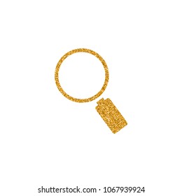 Magnifier icon in gold glitter texture. Sparkle luxury style vector illustration.