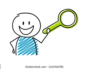 Magnifier icon with happy stickman. Vector.