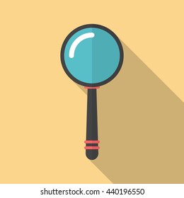 Magnifier icon with long shadow. Flat design style. Magnifying glass simple silhouette. Modern minimalistic icon in stylish colors. Web site page and mobile app design vector element.
