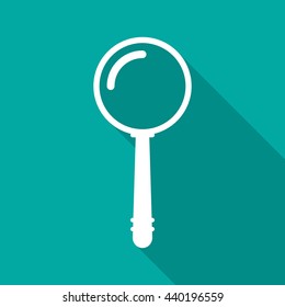 Magnifier icon with long shadow. Flat design style. Magnifying glass simple silhouette. Modern minimalistic icon in stylish colors. Web site page and mobile app design vector element.