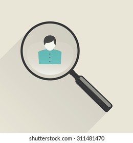 Magnifier icon with man. Hiring concept. Vector illustration