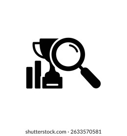 Ícone de Lupa sobre Troféu e Gráfico para Realização de Negócios