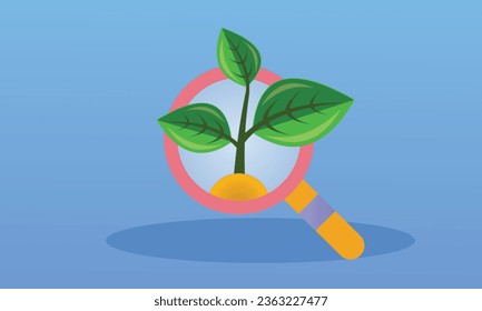 Magnifier icon with a plant.on blue background.Vector Design Illustration.