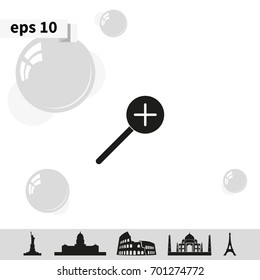 Magnifier icon with plus sign. Zoom in.
