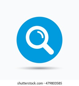 Magnifier icon. Search magnifying glass symbol. Blue circle button with flat web icon. Vector