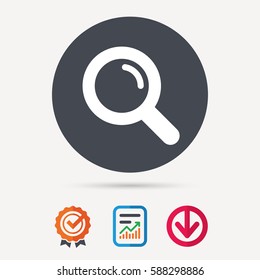 Magnifier icon. Search magnifying glass symbol. Report document, award medal with tick and new tag signs. Colored flat web icons. Vector