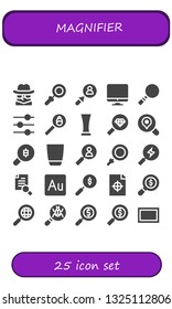magnifier icon set. 25 filled magnifier icons.  Collection Of - Detective, Magnifying glass, Search, Screen, Control, Glass, Loupe, Research, Audition, Printing test