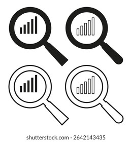 Magnifier icon set. Chart analysis symbol. Vector search elements. Black white contrast.