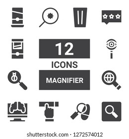 magnifier icon set. Collection of 12 filled magnifier icons included Search, Detective, Searching, Research, Len, Review, Guillotine, Glass