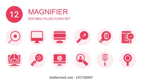 magnifier icon set. Collection of 12 filled magnifier icons included Search, Screen, Research, Loupe, Magnifier