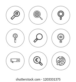 Magnifier icon set. collection of 9 outline magnifier icons with investigation, magnifier, magnifying glass, loupe, search, search engine icons. editable icons.