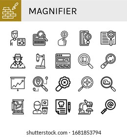 magnifier icon set. Collection of Brickwall, News admin, Search, Detective, Research, Search engine, Examine, Analysis, Zoom in, Guillotine, Review, Dental insurance icons