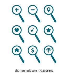 magnifier icon set, search icon, magnifier in trendy flat design 
