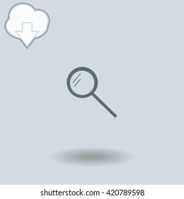 Magnifier icon with shadow. Cloud of download with arrow.