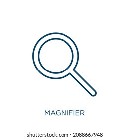 magnifier icon. Thin linear magnifier outline icon isolated on white background. Line vector magnifier sign, symbol for web and mobile