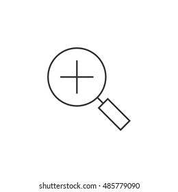 Magnifier icon in thin outline style. Zoom explore find locate plus sign