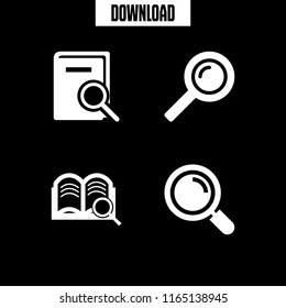 magnifier icon. This set with magnifying glass, searching tool, book with magnifying glass and loupe vector icons for mobile and web