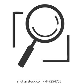 Magnifier icon. Vector illustration of magnifier in a rectangular frame. Flat logo of magnifier isolated on a white background.