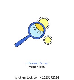 Magnifier icon. Virus cell sign. Bacteria medical research test. Chemical laboratory. Microbiology analysis. Editable vector illustration in flat simple style isolated on a white background.