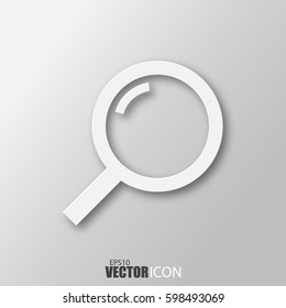 Magnifier icon in white  style with shadow isolated on grey background. For your design, logo. Vector illustration.