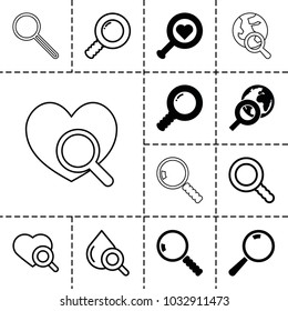 Magnifier icons. set of 13 editable filled and outline magnifier icons such as heart search, search