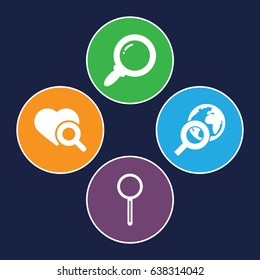 Magnifier icons set. set of 4 magnifier filled icons such as heart search, magnifier, search