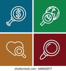 Magnifier icons set. set of 4 magnifier outline icons such as heart search