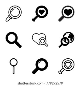 Magnifier icons. set of 9 editable filled and outline magnifier icons such as heart search, search, globe search