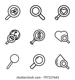 Magnifier icons. set of 9 editable outline magnifier icons such as heart search