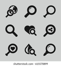 Magnifier icons set. set of 9 magnifier filled icons such as heart search, drop under magnifier