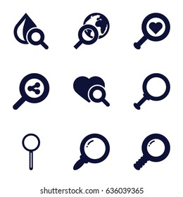 Magnifier icons set. set of 9 magnifier filled icons such as heart search