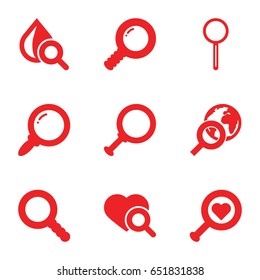 Magnifier icons set. set of 9 magnifier filled icons such as heart search
