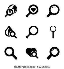 Magnifier icons set. set of 9 magnifier filled icons such as heart search