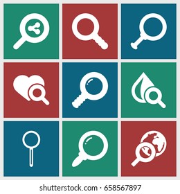 Magnifier icons set. set of 9 magnifier filled icons such as heart search