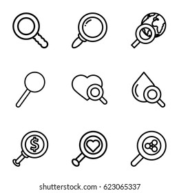 Magnifier icons set. set of 9 magnifier outline icons such as heart search