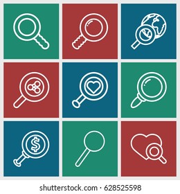 Magnifier icons set. set of 9 magnifier outline icons such as heart search, magnifier