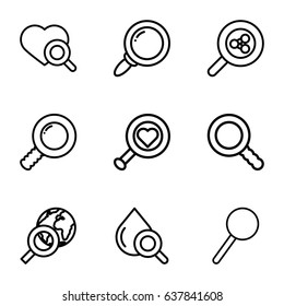 Magnifier icons set. set of 9 magnifier outline icons such as heart search