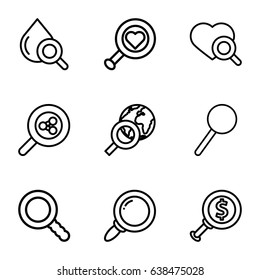 Magnifier icons set. set of 9 magnifier outline icons such as heart search