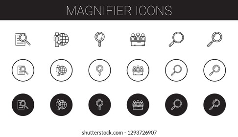 magnifier icons set. Collection of magnifier with searching, candidate, search, candidates, loupe. Editable and scalable magnifier icons.