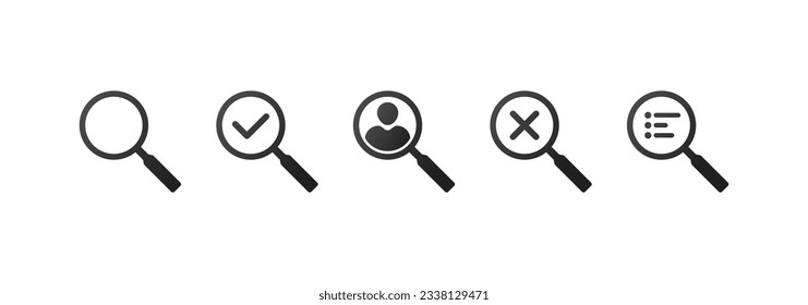 Magnifier icons. Silhouette, black, person search, open menu, search completed. Vector icons