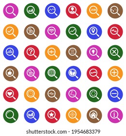 Magnifier Icons. White Flat Collection In Circle. Vector Illustration.