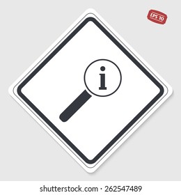 Magnifier with information icon. Flat design style. Made vector illustration. Emblem or label with shadow.