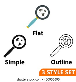 Magnifier and insects icons set in flat, simple and outline style isolated on white background. Sanitation symbol vector illustration