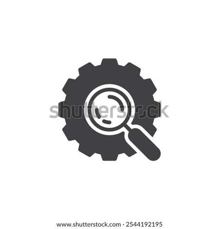 Magnifier inside gear vector icon. filled flat sign for mobile concept and web design. Gear with Magnifying Glass glyph icon. Inspection, detailed settings symbol, logo illustration. Vector graphics