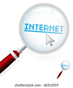 Magnifier with internet hyperlink, concept of searching, browsing or surfing on the internet