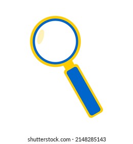 Ampliador aislado en fondo blanco. Icono de búsqueda de información en color amarillo y azul. Vector.