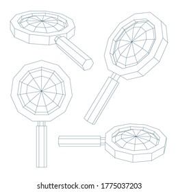 Magnifier. Isometric magnifiers outline vector illustrations set. Magnifiers in different view angles. Part of set.